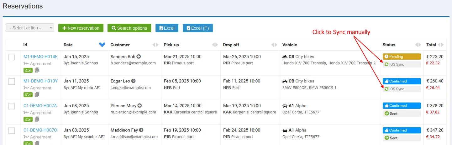 Manual reservation synchronization in IOS Rentals 3.5