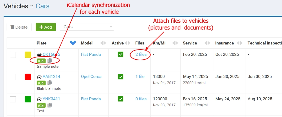 iCalendar and vehicle files in vehicles list